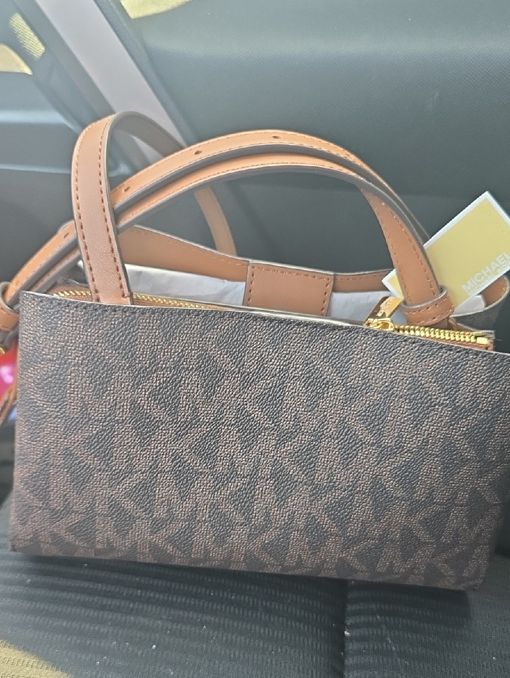 Michael Kors Men's Dark Brown Pebbled Leather Messenger Bag with Tan Straps - Picture 2 of 3